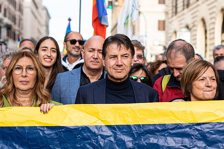 The Italian politics Five Star Movement leader, Giuseppe Conte, attends a national peace demonstration. A national demonstration of citizens against all wars and to demand disarmament. Europe for Peace: national peace demonstration is held in Rome by the Italian civil society organizations demanding to ban all wars and solidarity with the Ukrainian people and the victims of all wars.