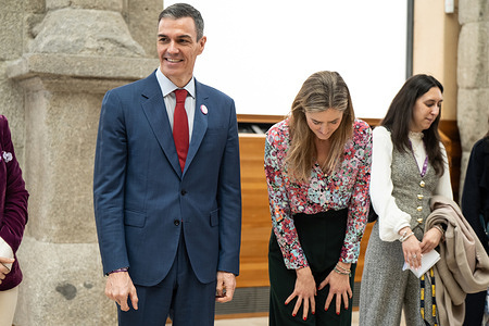 The President of the Government, Pedro Sanchez seen during the institutional act on the occasion of International Women's Day at the Prado Museum in Madrid.