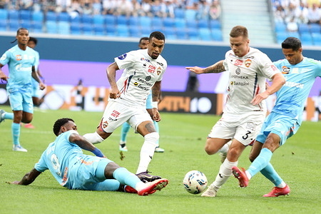 Gerson Santos da Silva, known as Gerson of Zenit and Alerrandro Barra Mansa Realino de Souza (C) of CSKA are seen in action during the Russian Premier League football match between Zenit Saint Petersburg and CSKA Moscow at Gazprom Arena. Final score; Zenit 1:1 CSKA Moscow.