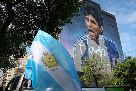 Artwork of the largest mural in the world, in tribute to one of the largest player in the world. The mural which is part of a tribute to soccer star Diego Maradona, is made by the artist Martin Ron, in Ciudad de Buenos Aires.