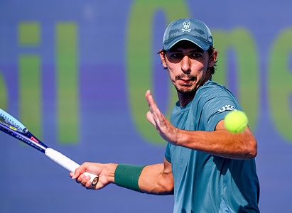Alexei Popyrin of Australia seen in action against Mubarak Shannan Zayid of Qatar in the Round of 32 at the ATP men's Qatar ExxonMobil Open 2026 at the Khalifa International Tennis Complex. Alexei Popyrin won against Mubarak Shannan Zayid 6-0,6-2.