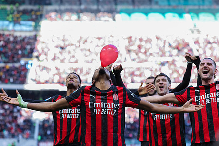 Christopher Alan Nkunku of AC Milan seen celebrating after scoring a goal during Serie A 2025/26 football match between AC Milan and Hellas Verona FC at San Siro Stadium. Final score AC Milan :3 | 0 Hellas Verona.