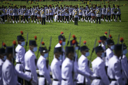 Nepalese Police Force march during the 7th Constitution Day at the Nepal Army pavilion.Nepal Government celebrates the Constitution Day, On this occasion, a special event was held at Nepal Army Pavilion, Tudikhel Kathmandu, Nepal