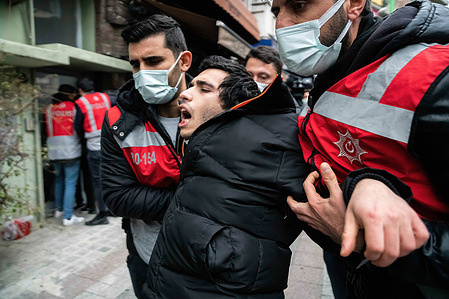 A protester shouts slogans as he is being forcefully detained by the police during the demonstration.
Tens of Bogazici University students were detained in Istanbul's Kadikoy district as they tried to gather for a protest against the appointment of Melih Bulu, a governing party member, as their rector by the Turkish President Recep Tayyip Erdogan early this year.