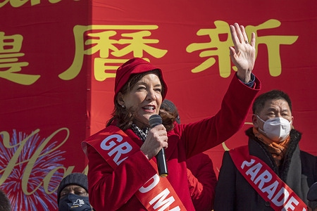 New York Governor Kathy Hochul speaks during the Flushing Chinese Business Association Flushing Chinese Lunar New Year Parade in Queens Borough of New York City.