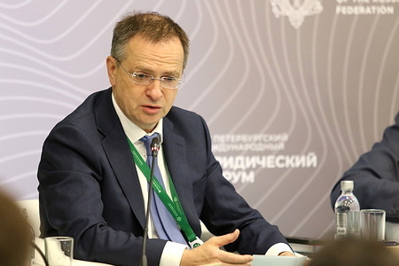 Vladimir Medinskiy, Aide to the President of the Russian Federation; Chairman, Russian Military Historical Society seen during the Lawmaking and National Legal Traditions session at The St. Petersburg International Legal Forum at the Expoforum Convention and Exhibition Center.