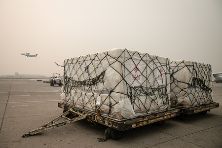 Boxes of Vero Cell Covid-19 coronavirus vaccine manufactured under license by Sinovac Biotech Institute of china seen after arrive at Tribhuvan International airport.
Nepal has received 800,000 doses of Vero Cell Covid-19 vaccines being manufactured under license by Sinovac Biotech Institute of china donated by the Chinese government.