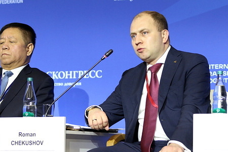 Roman Chekushov, State Secretary-Deputy Minister of Industry and Trade of the Russian Federation seen during the Logistic Cooperation between Russia and China . Where Things Currently Stand, What is Already Been Achieved, and Where Things are Going session of the International Transport and Logistics Forum at Expoforum 2026, in St. Petersburg.