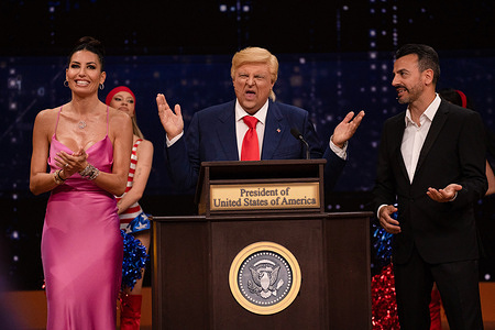 Elisabetta Gregoraci (L), Claudio Lauretta (C) and Rosario Morra (R) (Gigi e Ross) attend the fifth episode of the comedy show 'Audiscion" at RAI auditorium.