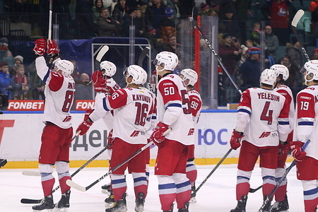 Lokomotiv Hockey Club player, Daniil But (50), Artur Kayumov (16) seen in action during the Kontinental Hockey League, regular season KHL 2023 - 2024 between SKA Saint Petersburg and Lokomotiv Yaroslavl at the Ice Sports Palace. Final score; SKA Saint Petersburg 1:2 Lokomotiv Yaroslavl.