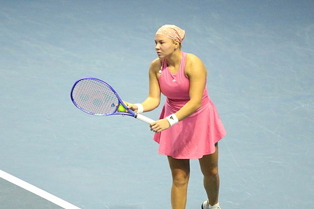 Diana Shnaider of Russia plays against Veronika Kudermetova of Russia (Not in view) during the International Team Tennis Tournament Trophies of Northern Palmyra 2025 at The Arena. Final score: (Diana Shnaider 4:4, 3:3, 4:3 Veronika Kudermetova).