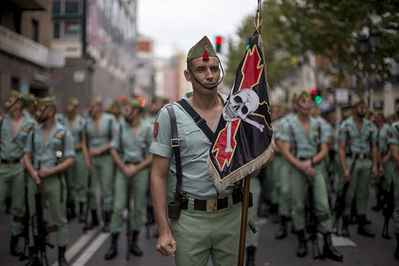 A member of the Legion, the elite force of the Spanish army holds a banner of the elite group during a military parade which commemorates Spain's National Day of the arrival of Christopher Columbus to the New World in 1492.