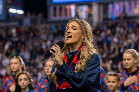 Grace Leer sings the US National Anthem during the football match between USWNT and Portugal at Subaru Park. The U.S. women’s national team hosted Portugal in a friendly at Subaru Park in Chester, Pa., on Oct. 23, 2025. USWNT 1 - Portugal 2.