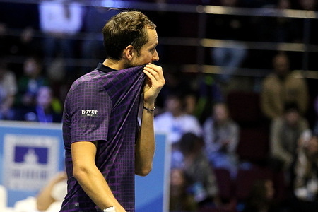 Daniil Medvedev of Russia plays against Tallon Griekspoor of Netherlands (Not in view) during the International Team Tennis Tournament Trophies of Northern Palmyra 2025 at The Arena. Final score: (Daniil Medvedev 4:3, 4:2, 5:3 Tallon Griekspoor).