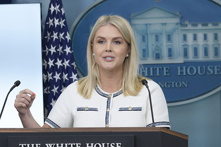 White House Press Secretary Karoline Leavitt speaks about Immigration and Justice Department Sec. Pamela Bondi over Epstein controversy at Brady Room/White House in Washington DC, USA.