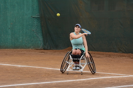 France Wheelchair Tennis player Emmanuelle Morch seen in action against South Africa's Mariska Venter during Nairobi Open Wheelchair Tennis Tour. 
Morch won 7-6(8) 6-4 to take Ladies Single Championship.