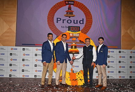 (L-R) Varun Khaitan, Executive Director and Chief Operating Officer, Abhiraj Singh Bhal, Chairperson, Managing Director and Chief Executive Officer, Ashish Chauhan, Managing Director and Chief Executive Officer of National Stock Exchange (NSE) and Raghav Chandra, Executive Director and Chief Technology and Product Office pose for a photo during the Initial Public Offer (IPO) listing ceremony at National Stock Exchange.