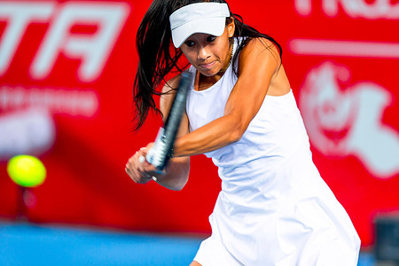 Priscilla Hon of Australia plays during the Singles Main Draw 1st round against Eudice Chong of Hong Kong China on day four of Prudential Hong Kong Tennis Open 2023 at Hong Kong Victoria Park Tennis Stadium. 
Final score; Priscilla Hon 2:1 Eudice Chong.