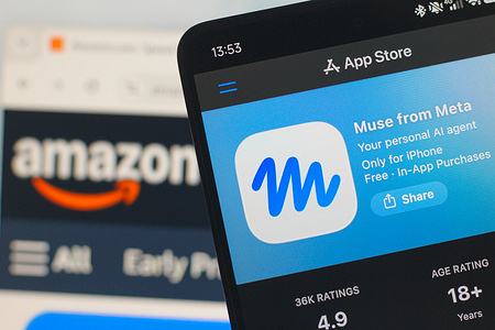 In this photo illustration, the Meta Muse AI logo is seen displayed on a smartphone screen and the Amazon logo in the background.