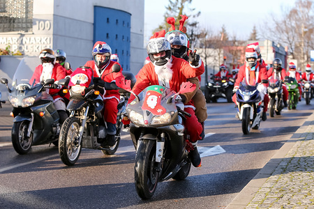 Lots of Santa ride on Motorbikes during the annual massive parade of almost 2000 riders who gather money that is donate to needy children for Christmas packages and warm meals.