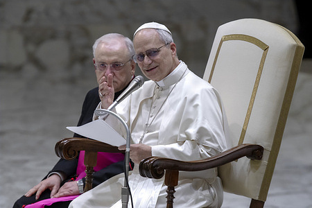 Pope Leo XIV meets with the young people of the Diocese of Rome in the Paul VI Hall at the Vatican.