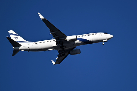 View of a EL AL Airlines plane as it arrives at Marseille Provence Airport.