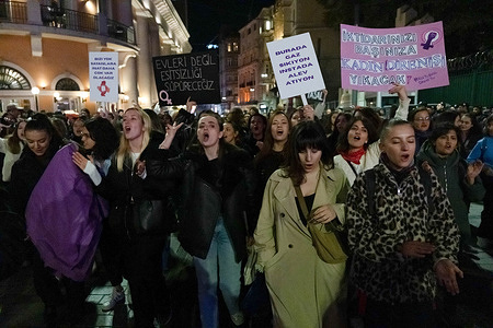 Protesters chant slogans while holding placards expressing their opinion during the demonstration. Despite transportation barriers and a ban on protests, thousands gathered in Taksim for this yearís November 25 International Day for the Elimination of Violence Against Women.