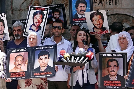 Tulay Hatimogullari, Co-Leader of the Peoples' Equality and Democracy Party (DEM Party) speaks during the action. Kurdish relatives of the disappeared gathered for the 851st week of protests and held a sit-in protest and press statement. Peoples' Equality and Democracy Party (DEM Party) Co-Chair Tulay Hatimogullari also participated in the protest.