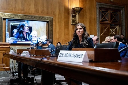 Kristi Noem, nominee to be Secretary of Homeland Security, speaking at a Senate Homeland Security and Governmental Affairs Committee hearing at the U.S. Capitol.
