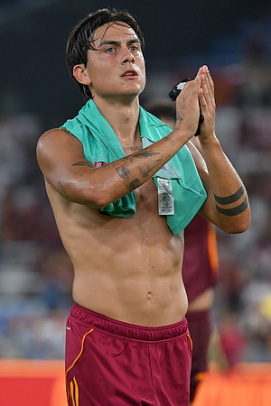 Paulo Dybala of AS Roma celebrates during the Serie A match between AS Roma and Bologna FC at Olimpico stadium. Final score AS Roma 1 : 0 Bologna FC.