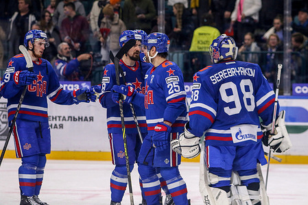 SKA Hockey Club player, Nikita Serebryakov (98), Pavel Dedunov (25), Artyom Zemchyonok (8) seen in action during the Kontinental Hockey League, regular season KHL 2023 - 2024 between SKA Saint Petersburg and Lokomotiv Yaroslavl at the Ice Sports Palace. 
(Final score; SKA Saint Petersburg 2:3 Lokomotiv Yaroslavl)