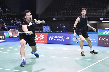 Ko Sung Hyun and Shin Baek Cheol (Korea) seen in action during the 2019 Australian Badminton Open Men's Doubles Semi-finals match against Li Junhui and Liu Yuchen (China). Ko and Shin won the match 21-11, 14-21, 21-17.