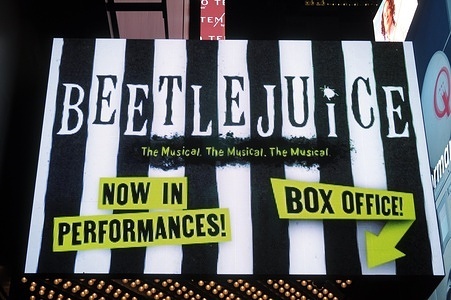 The theater playing the Broadway show "Beetlejuice" is seen in Manhattan, New York City.
