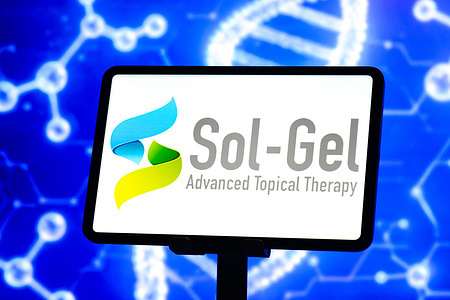 In this photo illustration, the Sol - Gel (with the tagline "Advanced Topical Therapy") logo is seen displayed on the screen of a smart tablet.