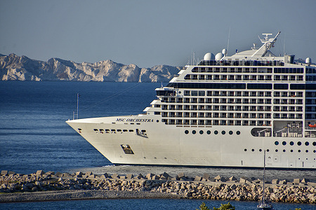 The liner MSC Orchestra cruise ship arrives at the French Mediterranean port of Marseille.
