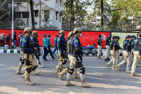 Swat officials patrol in front of Central Shaheed Minar in the capital as part of stepped-up security measures ahead of International Mother Language Day and Shaheed Dibosh in Dhaka.