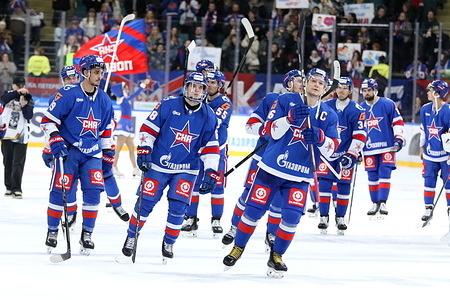 Nikita Nedopyokin (68) and Sergei Plotnikov (16) of SKA Hockey Club seen in action during the Hockey match, Kontinental Hockey League 2025/2026 between SKA Saint Petersburg and Ak Bars Kazan at the Ice Sports Palace. (Final score; SKA Saint Petersburg 3:2 Ak Bars Kazan).
