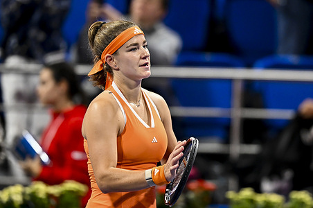 Karolina Muchova of the Czech Republic celebrates after winning against Anna Kalinskaya of Russia (not in view) during their quarterfinal match at the WTA Qatar TotalEnergies Open 2026 tennis tournament at the Khalifa International Tennis Complex. Karolina Muchovawon against Anna Kalinskaya. 6-3,6-4.