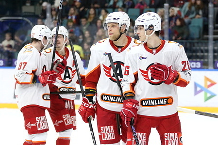 Nikita Ishimnikov (26) and Yury Pautov (2R) of Avtomobilist Hockey Club seen in action during the Hockey match, Kontinental Hockey League 2025/2026 between SKA Saint Petersburg and Avtomobilist Yekaterinburg at the Ice Sports Palace. (Final score; SKA Saint Petersburg 2:1 Avtomobilist Yekaterinburg).