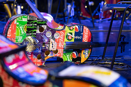 A Cello seen during the rehearsal of the "Music of Recycling" orchestra ingenious orchestra composed with instruments made from recycled materials at the Royal Theater of Madrid.
