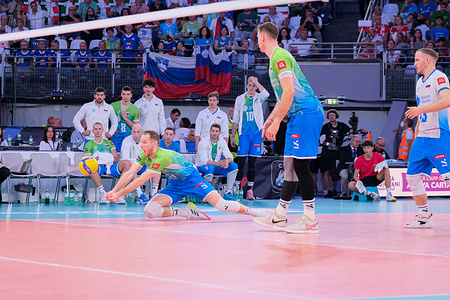 Tine Urnaut of Slovenia in action during the match between France and Slovenia at the Men's Eurovolley 2023 Final Round Bronze Medal Match. Slovenia national team wins the Bronze Medal Match against France with a score 2-3