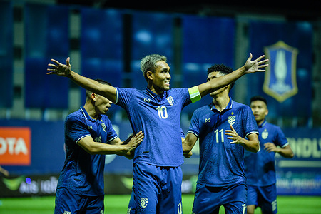 Teerasil Dangda of Thailand celebrates after scoring a goal during the International Friendly match between Thailand and Bahrain at Leo Stadium. Final score; Thailand 1:2 Bahrain.