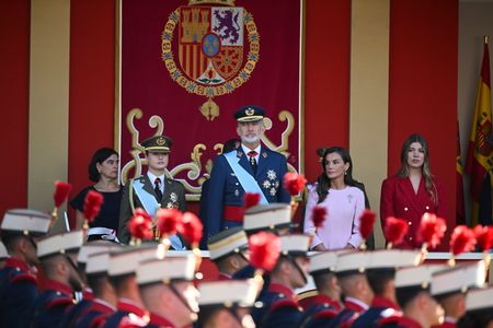 Crown Princess Leonor, King Felipe VI, Queen Letizia and Princess Sofia attend the National Day Military Parade during the 2026 National Day of Spain at the Royal Palace.