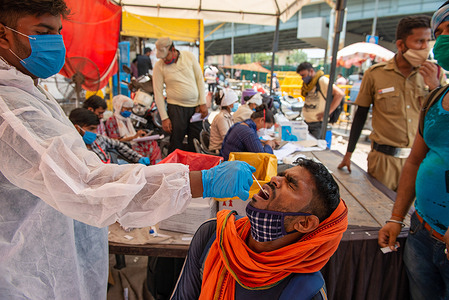 A health worker collects a swab sample from a man at the Apsara border Testing camp in Delhi.
Covid testing camps held across Delhi, India record today 42,766 new Covid cases in the last 24 hours, Kerala leads the states with most number of cases in a day. The country has so far reported 30,795,716 cases and 407,145 deaths.