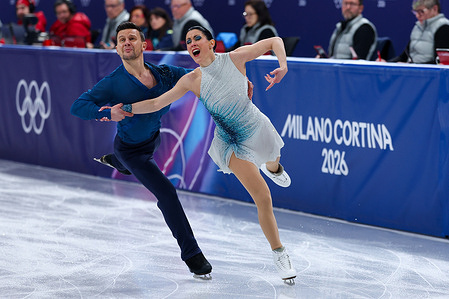 Charlene Guignard and Marco Fabbri of Italy compete during the Figure Skating Team Event Ice Dance - Free Dance of the Milano Cortina 2026 Winter Olympics at Milano Ice Skating Arena in Milan