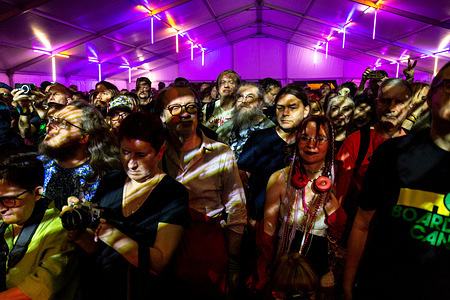 Music fans cheer in front of the stage during the (Inne Brzmienia) music festival in Lublin's Old Town Blonia. Lublin won the competition of Europe's Cultural Centre 2029.