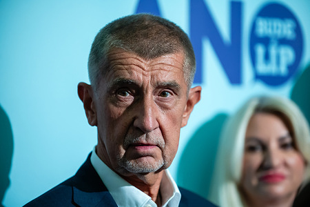 Andrej Babis, Czech Prime Minister, leader of ANO party and billionaire speaks to the media during the start of the main phase of the campaign for the municipal and senate elections in the Czech republic. Czech municipal and senate elections will take place on the 9th and 10th of October 2026.