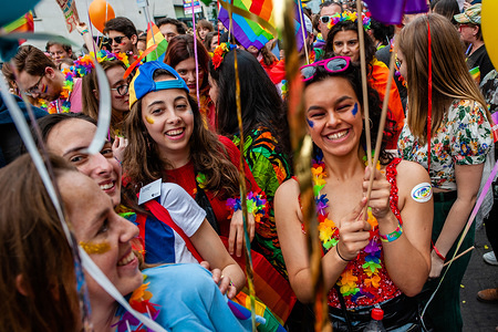 People are seen having a good time while wearing rainbow flags during the parade.
The 24th Belgian Pride parade took place in Brussels and it kicked off at 13:45 pm from the Pride Village on Mont des Arts, and it was led by Cesár Sampson, a singer in last year’s Eurovision. The theme of the Belgian Pride 2019 is 'All for one'. Over 100,000 people attended the event and the parties around the centre of the town.