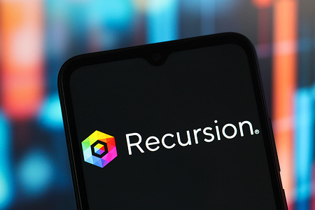 In this photo illustration, the Recursion Pharmaceuticals logo is seen displayed on a smartphone screen.