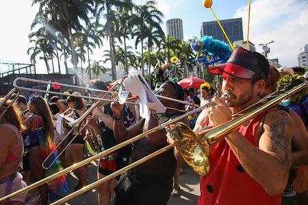 A musician plays a trumpet in a carnival bloco in Rio de Janeiro. The carnival block “Marimbondo Não respeita” paraded through the streets of downtown Rio de Janeiro during the street carnival. In Rio de Janeiro, Brazil, before the official carnival kicks off from February 13 to 18, the pre-carnival celebrations are already underway.